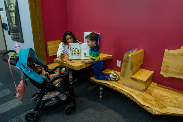 Mother and sons reading in the Pinney Branch Library Perches by Tom Loeser.